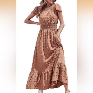 Prettygarden Light Brown Swiss Dot Maxi Dress with Ruffled Sleeves,  Large